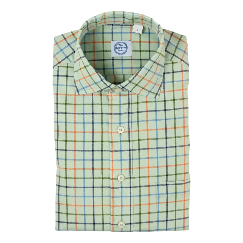 Orange, Blue, and Green Tattersall with Light Green Ground Spread Collar Sport Shirt sold by The Andover Shop