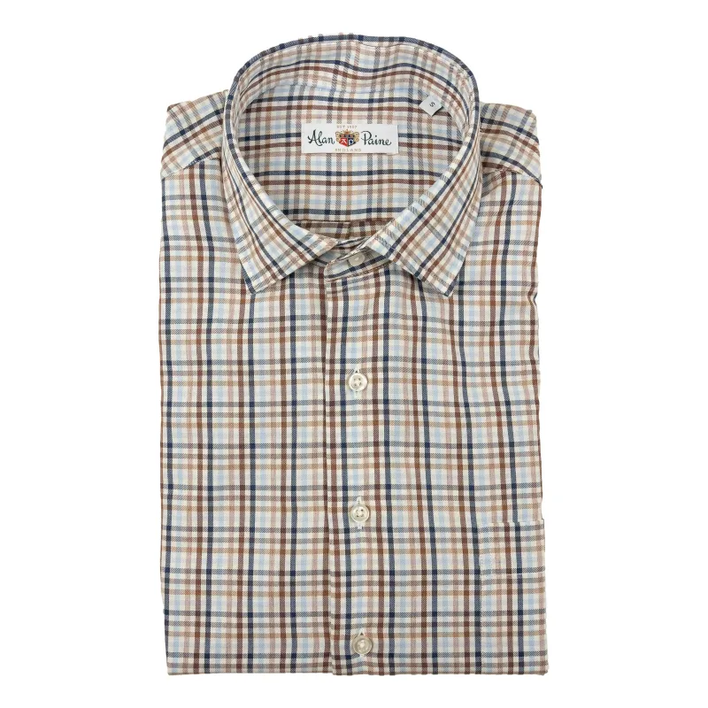 Blue and Brown Tattersall Cotton and Wool Spread Collar Sport Shirt sold by The Andover Shop