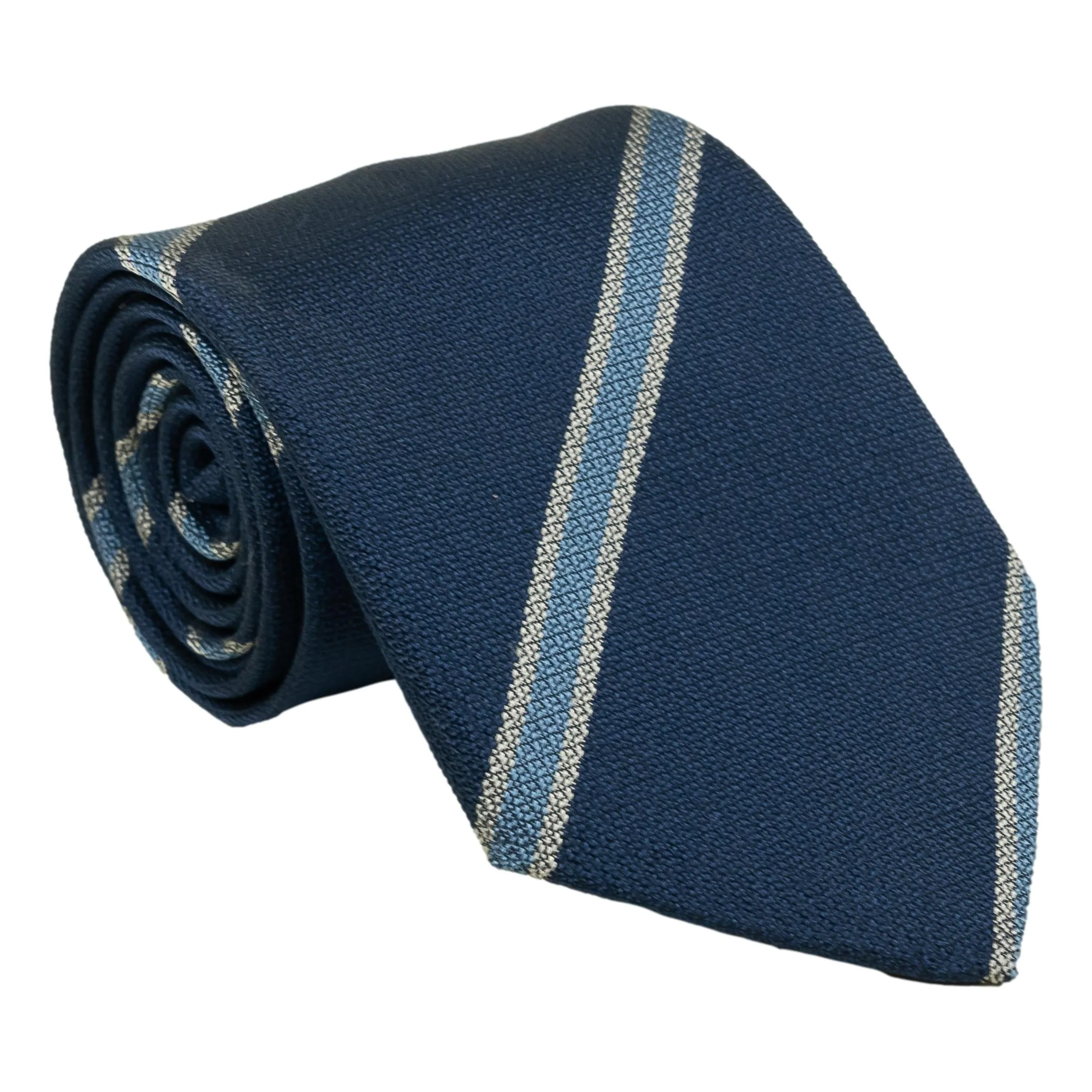 Navy with Silver and Light Blue Fine Grenadine Repp Stripe Tie sold by The Andover Shop