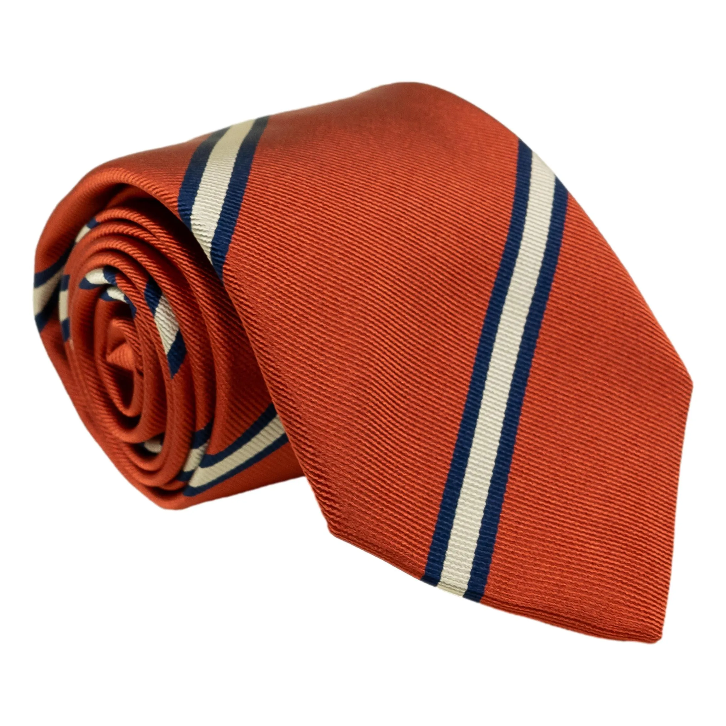 Rust with Navy and Silver Repp Stripe Tie sold by The Andover Shop
