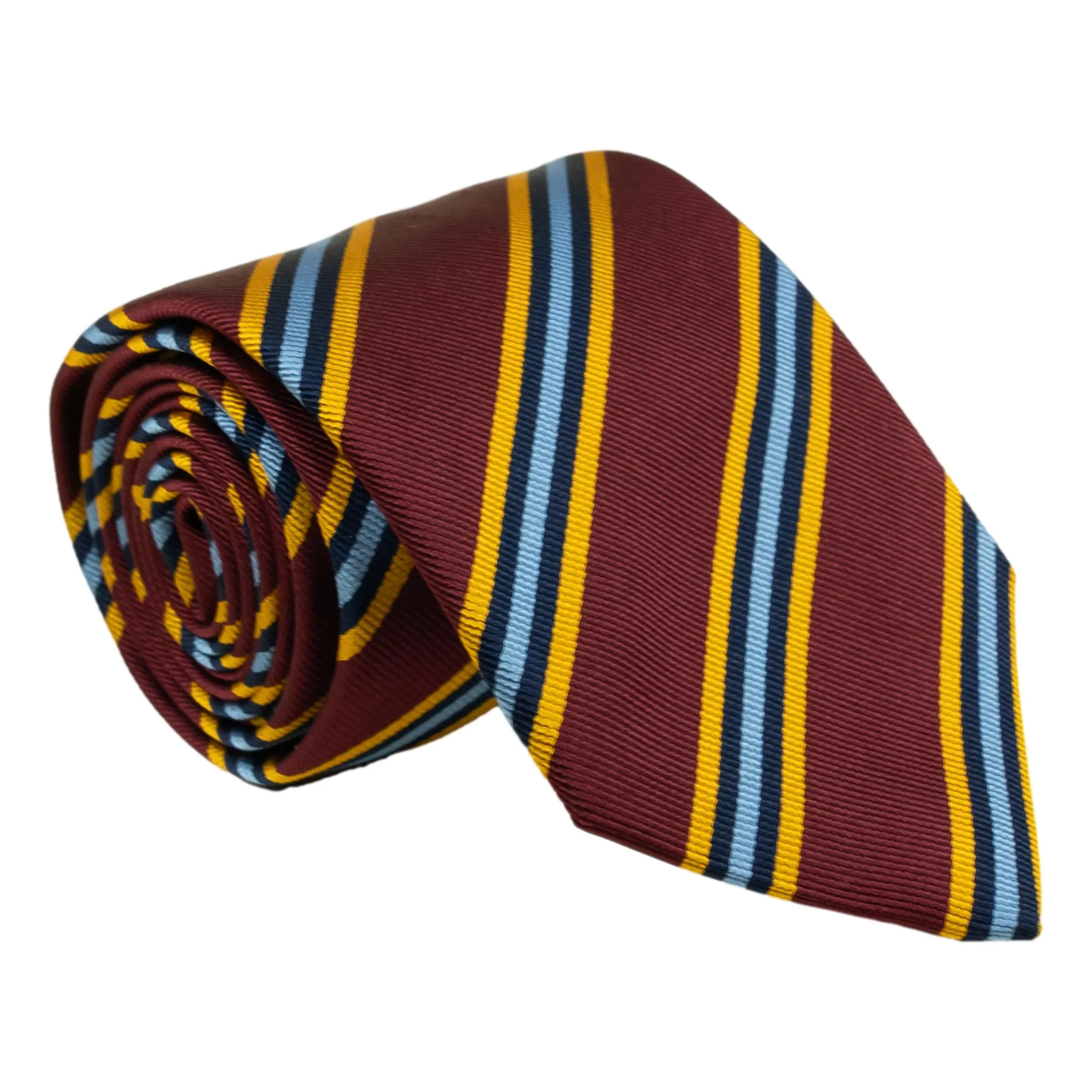 Maroon with Navy, Gold, and Light Blue Regimental Stripe Tie sold by The Andover Shop