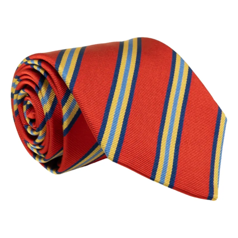 Orange with Navy, Gold, and Light Blue Regimental Stripe Tie sold by The Andover Shop