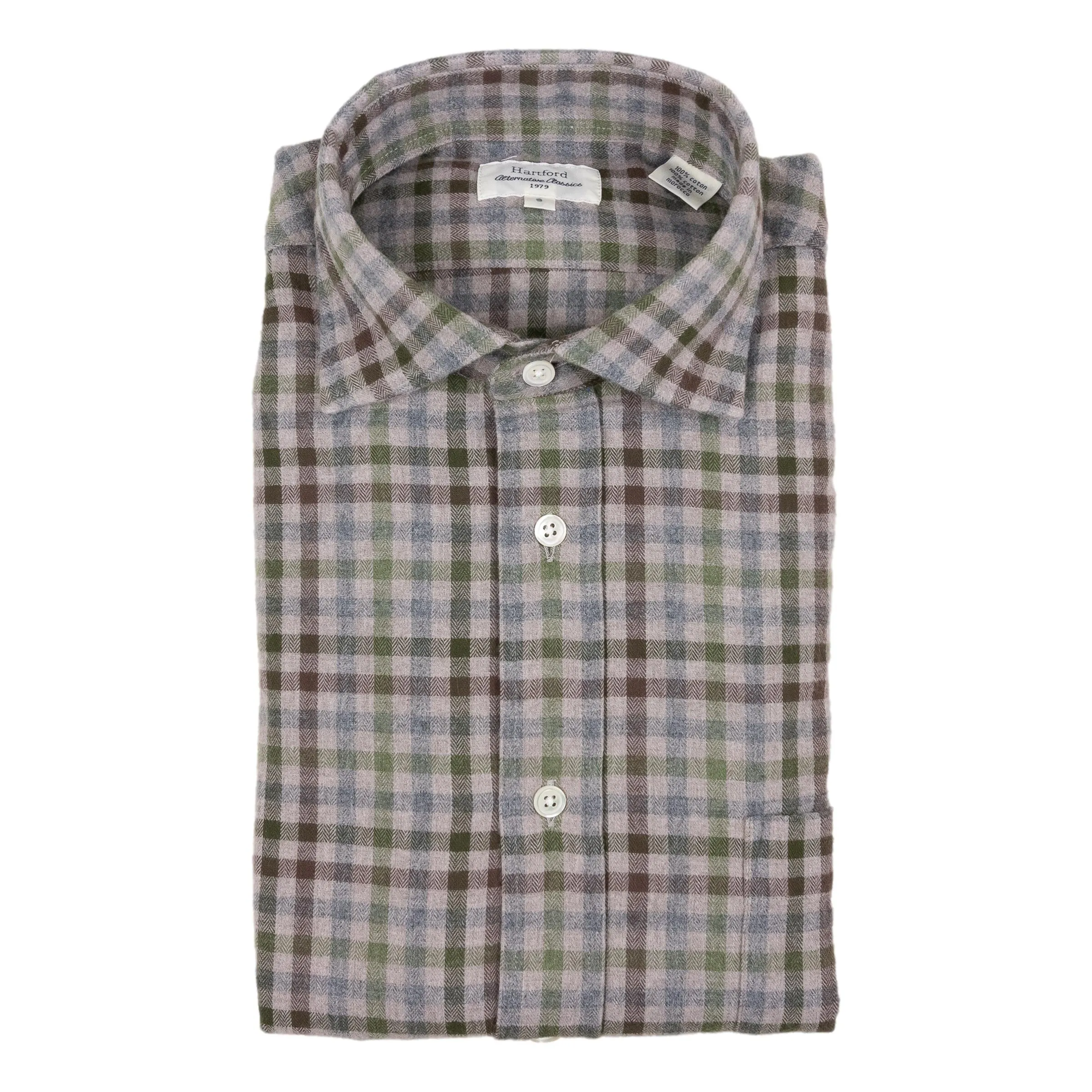 Natural and Green Check Brushed Cotton Spread Collar Sport Shirt sold by The Andover Shop
