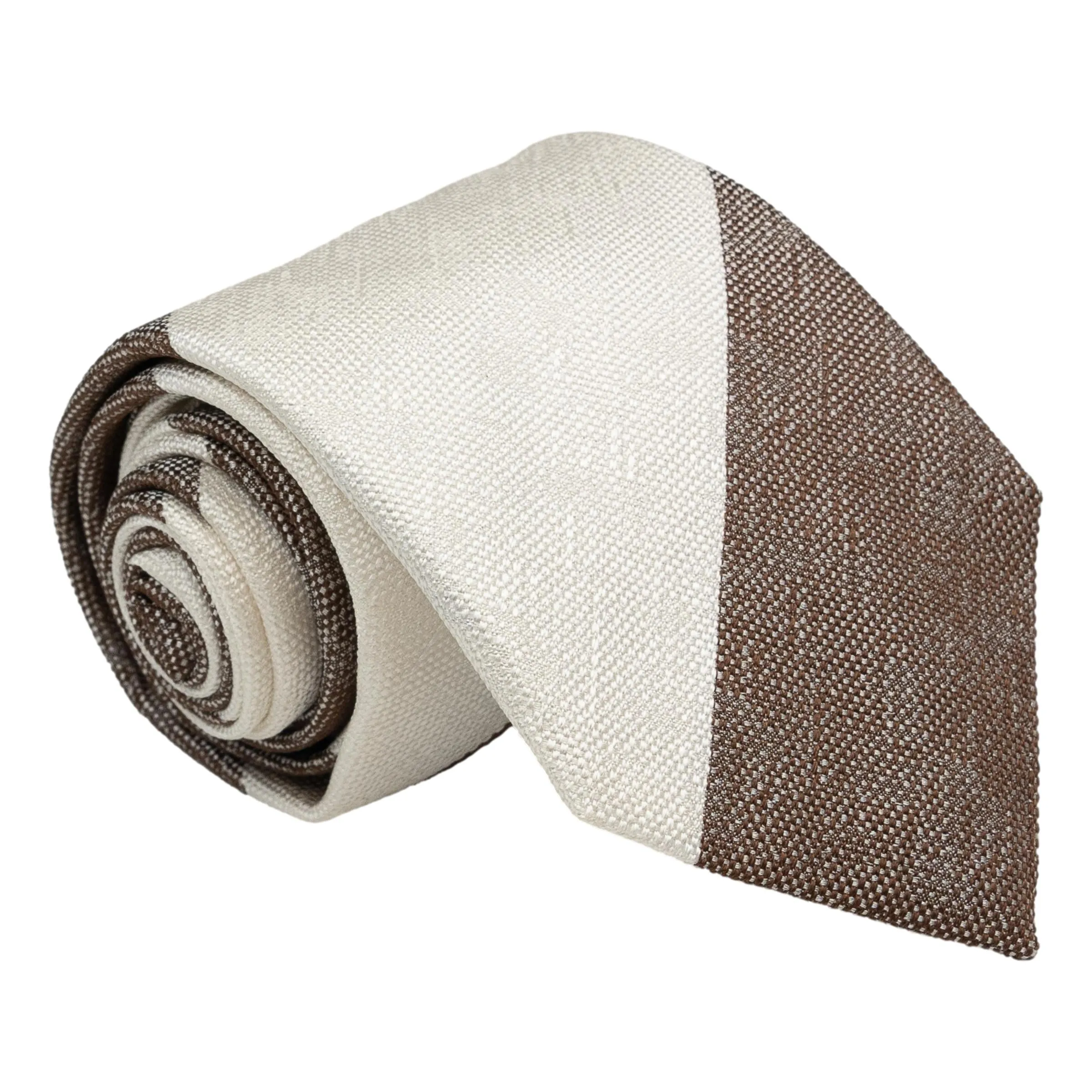 White and Brown Block Stripe Silk Tie sold by The Andover Shop