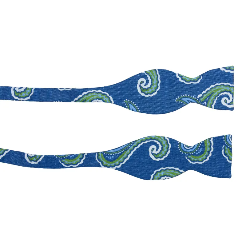 Large Blue and Green Paisley Patterned Silk and Linen Bow Tie sold by The Andover Shop