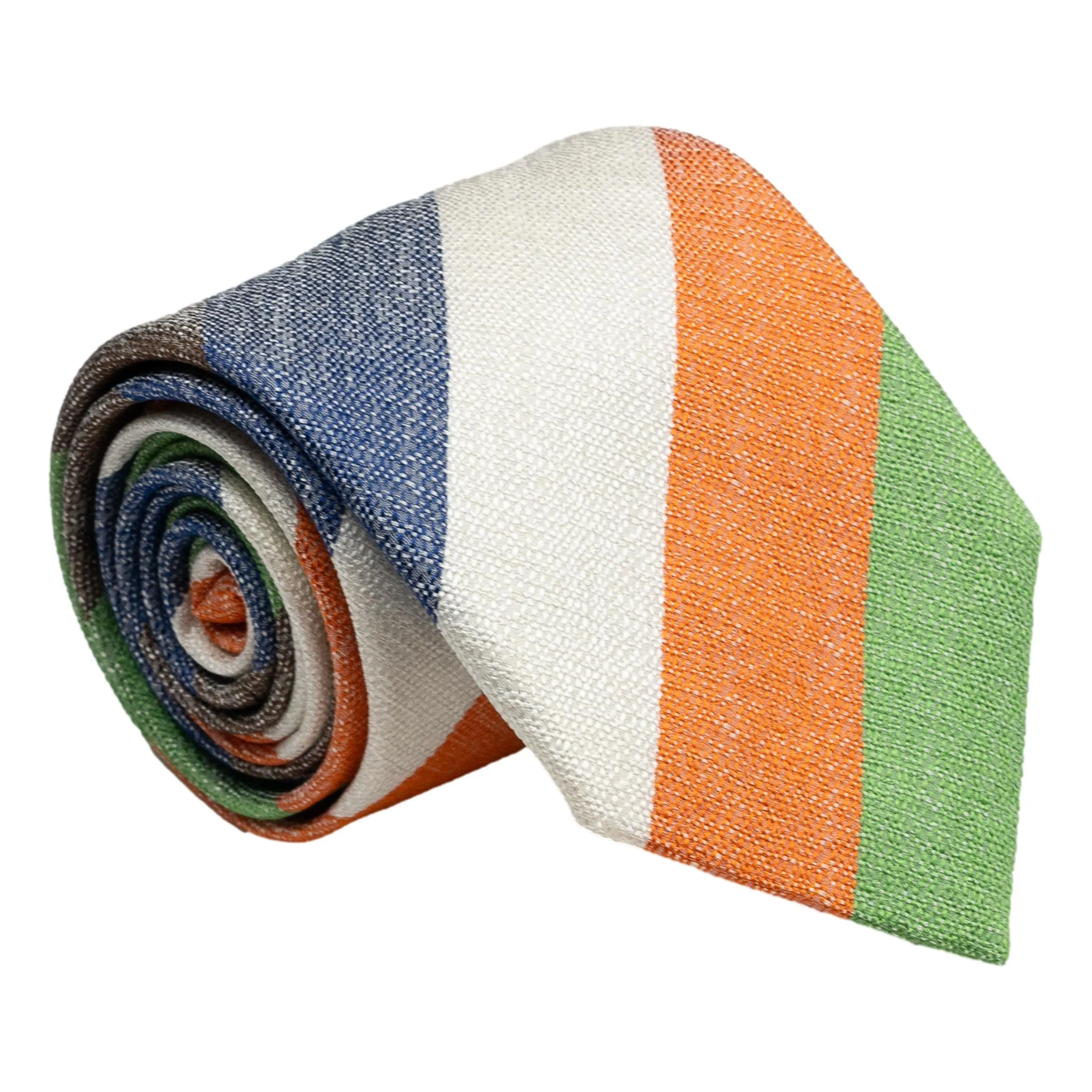 Navy Blue, White, Orange, Green, and Earth Block Stripe Silk and Linen Tie sold by The Andover Shop