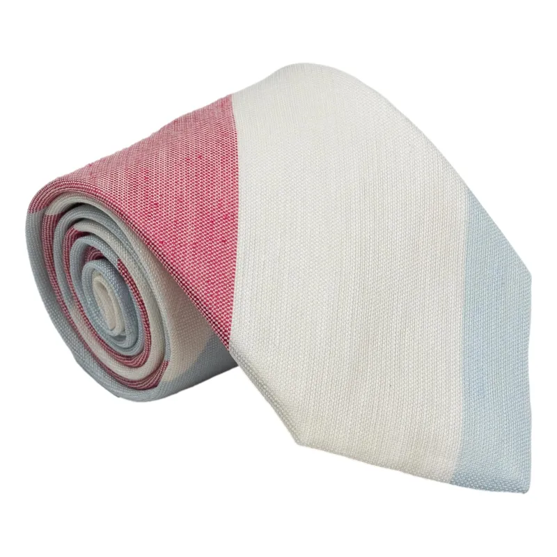 White, Light Blue, and Red Block Stripe Silk and Linen Tie sold by The Andover Shop