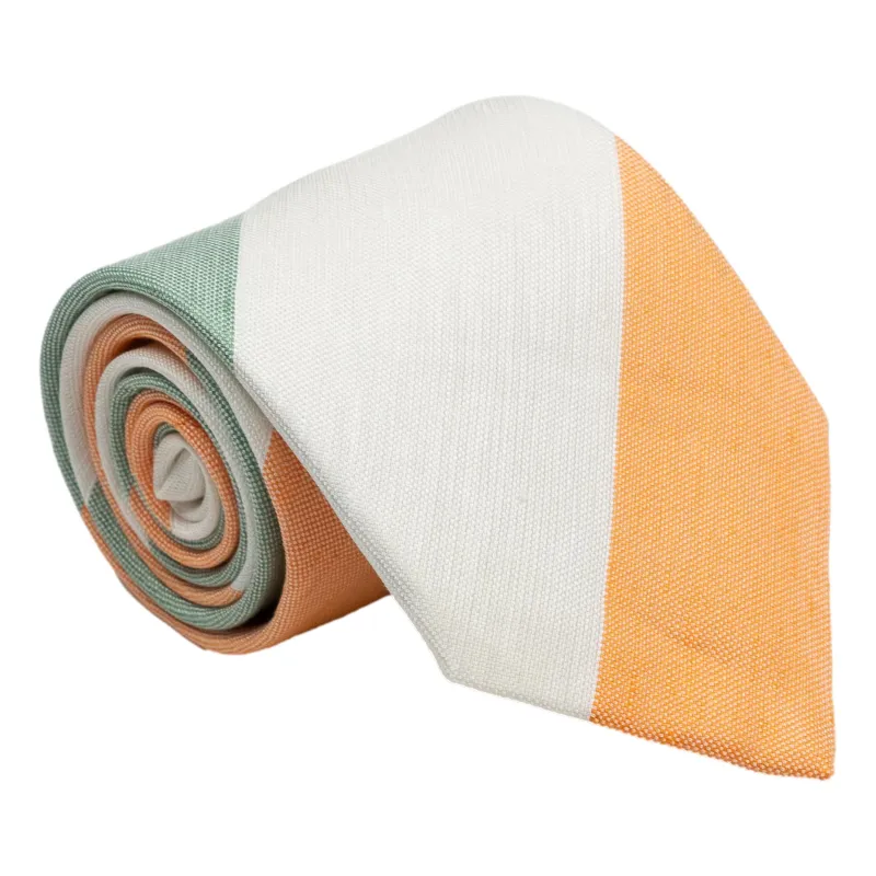 White, Light Orange, and Light Green Block Stripe Silk and Linen Tie sold by The Andover Shop