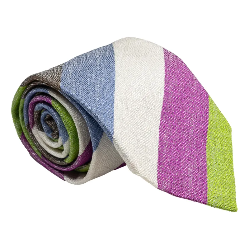 Light Blue, White, Magenta, Lime, and Earth Block Stripe Silk and Linen Tie sold by The Andover Shop