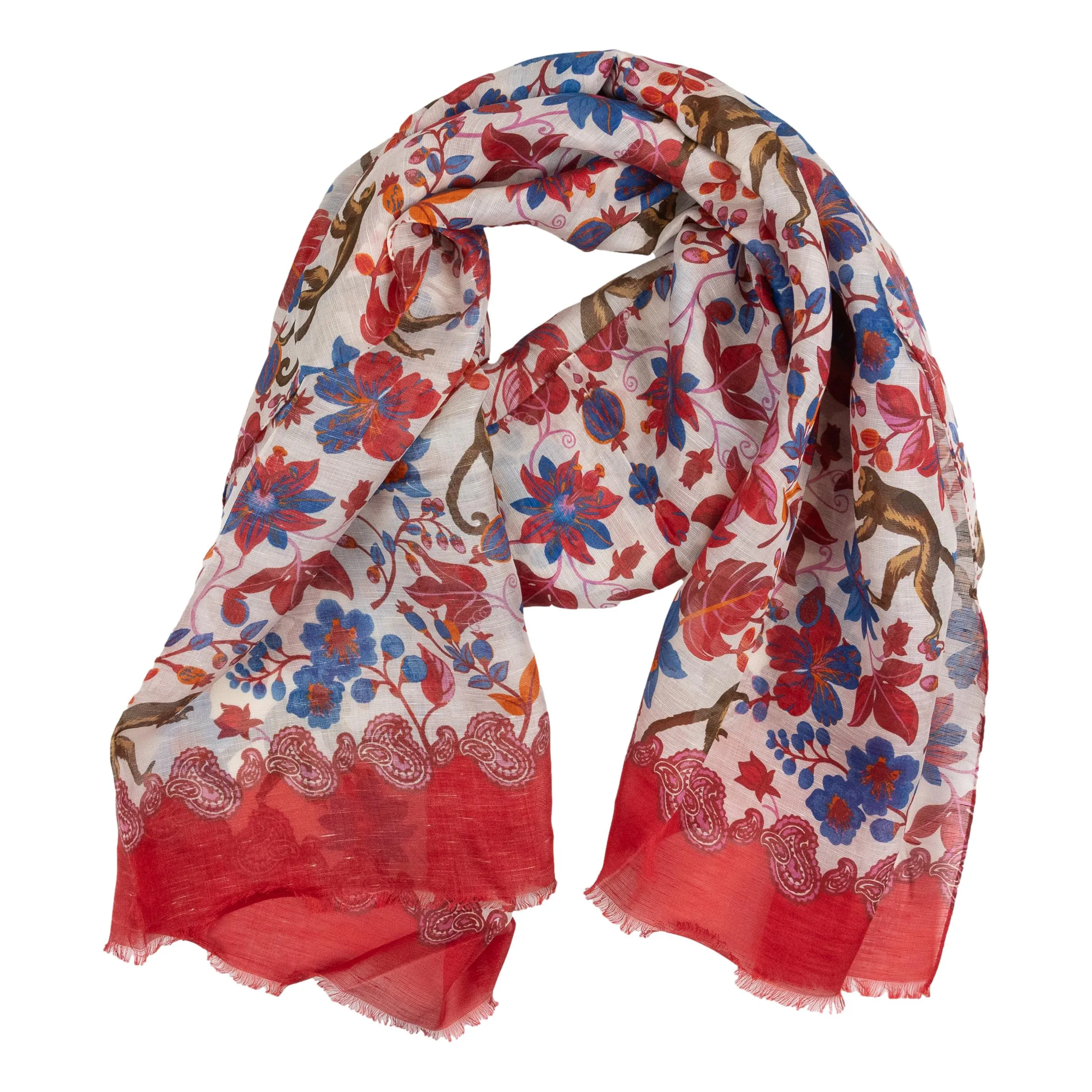 Hibiscus and Monkey Linen and Silk Blend Scarf sold by The Andover Shop
