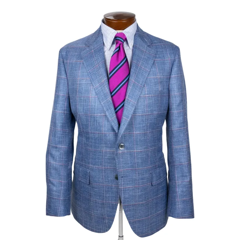 Blue with Cranberry and White Windowpane Wool, Silk, and Linen Sport Coat sold by The Andover Shop