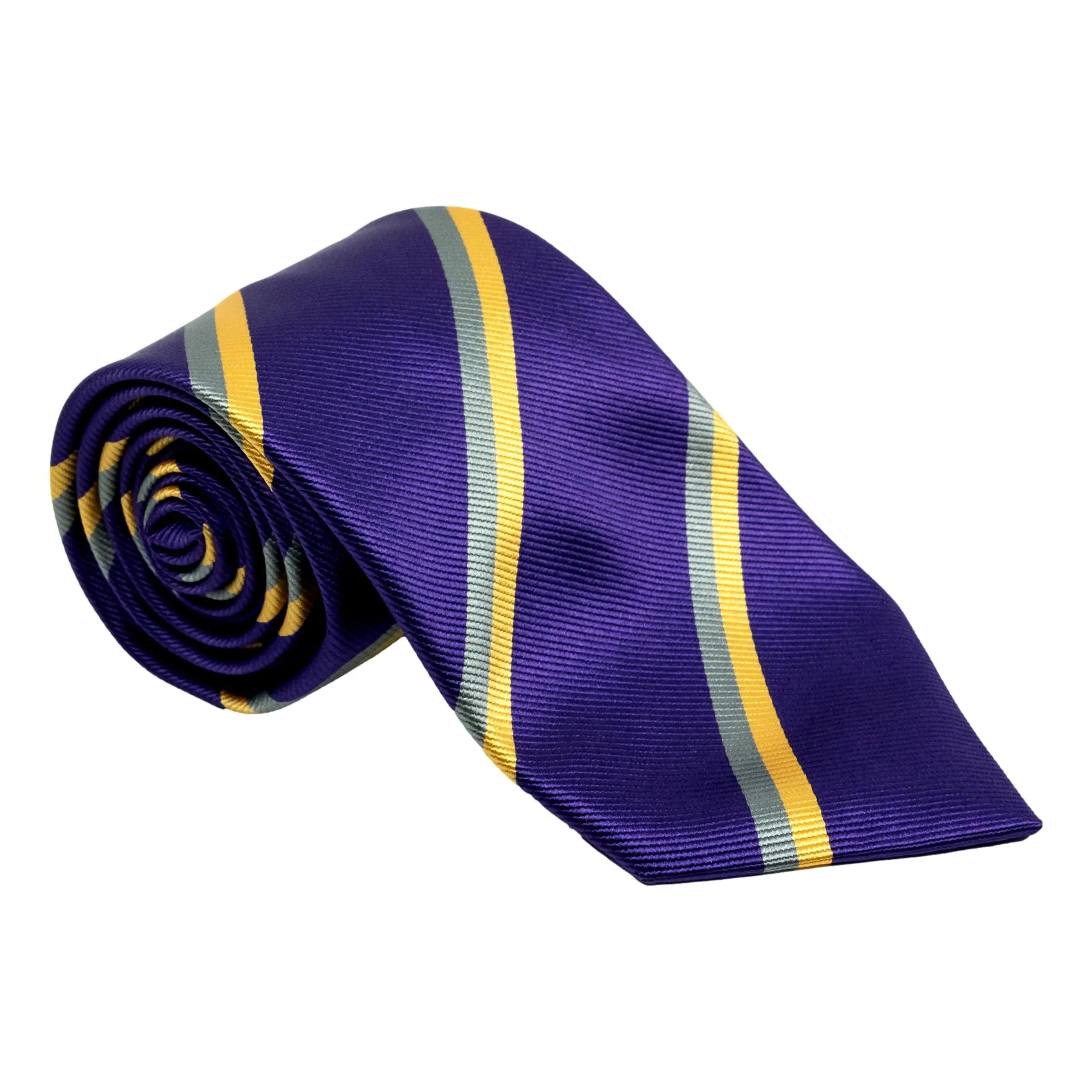 Purple with Yellow and Silver Repp Stripe Tie sold by The Andover Shop