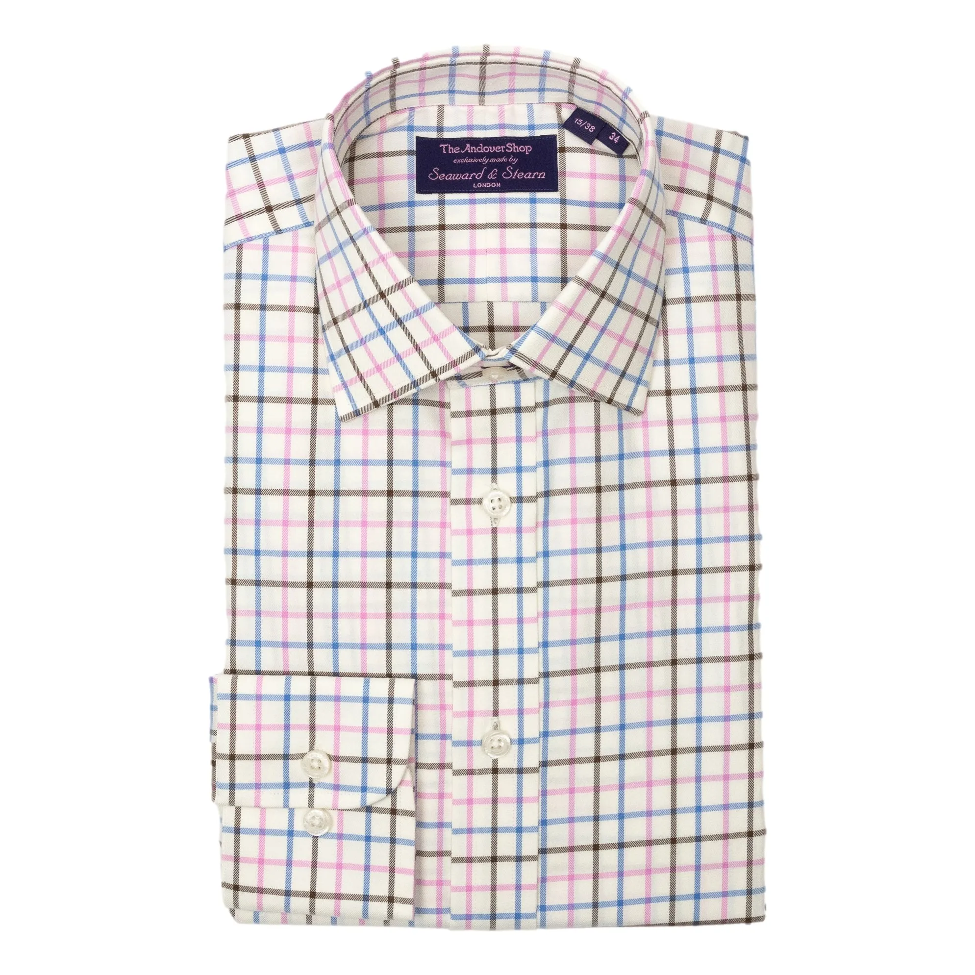 White Ground with Pink, Blue, and Brown Tattersall Spread Collar Dress Shirt sold by The Andover Shop