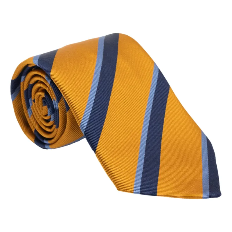 Mustard with Navy and Light Blue Repp Stripe Silk Tie sold by The Andover Shop
