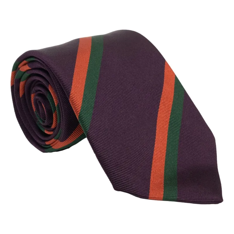 Purple with Orange and Forest Green Repp Stripe Silk Tie sold by The Andover Shop