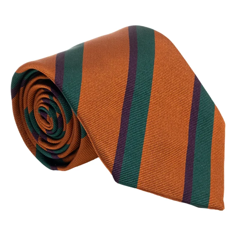 Rust with Maroon and Forest Green Repp Stripe Silk Tie sold by The Andover Shop