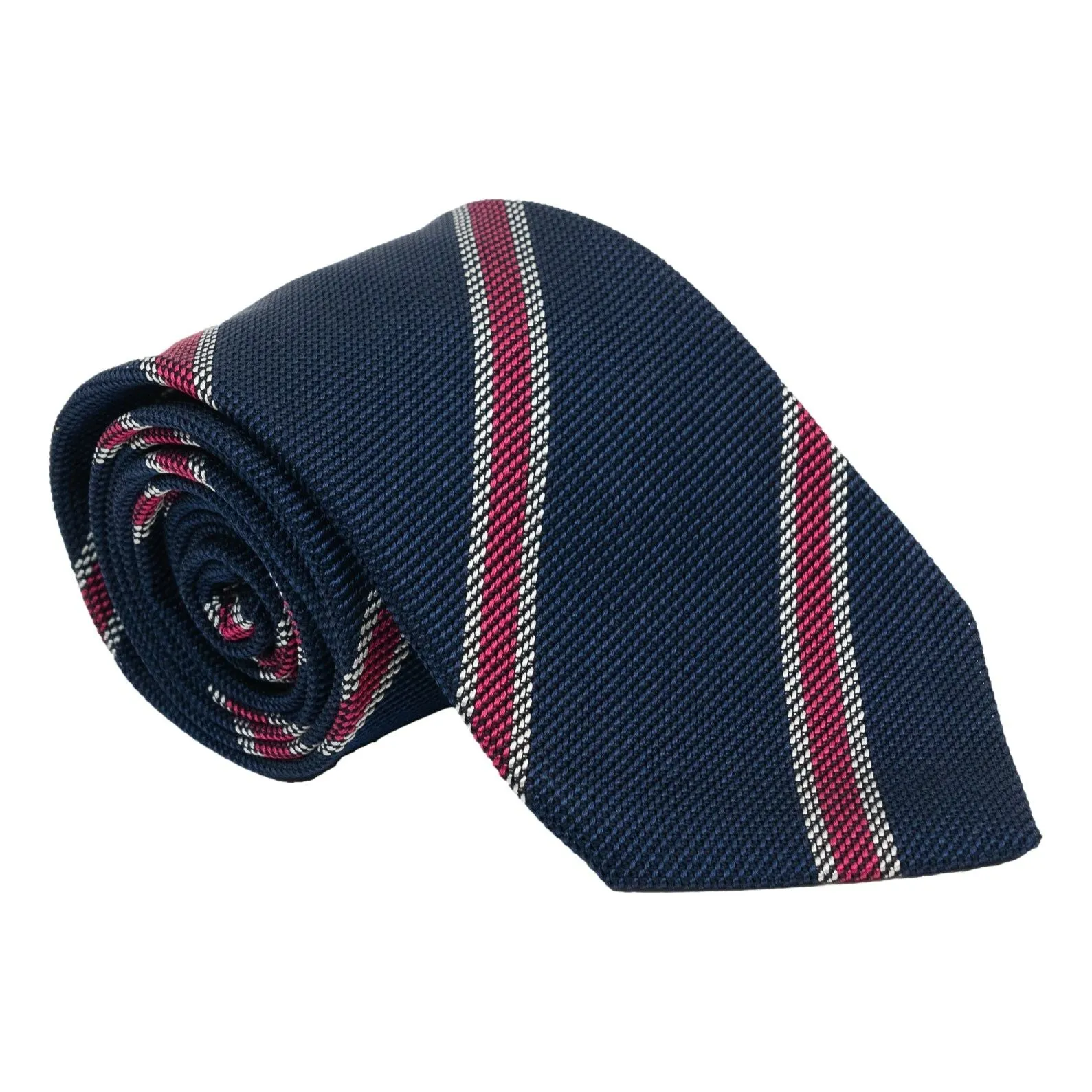 Navy with Cranberry and Silver Repp Stripe Silk Tie sold by The Andover Shop