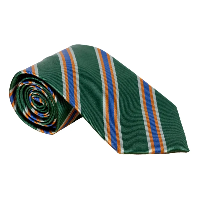Navy, Silver, Rust, and Forest Regimental Repp Stripe Silk Tie sold by The Andover Shop