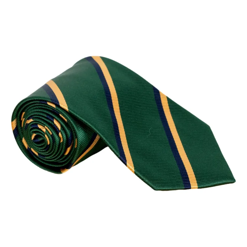 Navy, Gold, and Forest Repp Stripe Silk Tie made by The Andover Shop