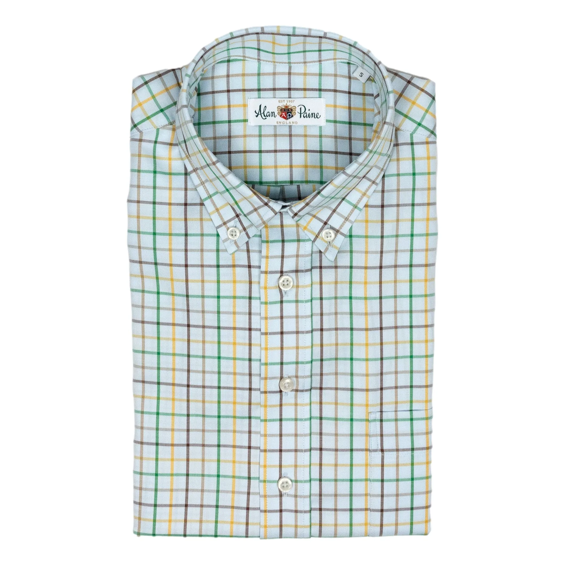 Light Blue Ground with Brown, Gold, and Green Tattersall Button Down Sport Shirt sold by The Andover Shop