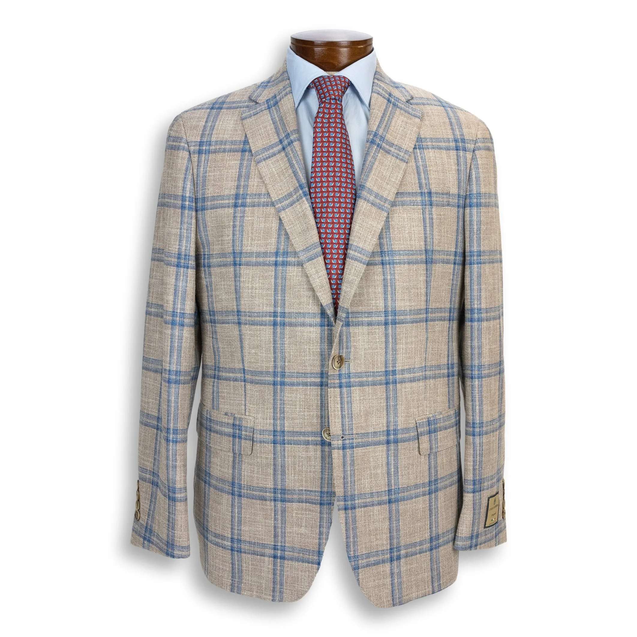 Tan with Blue Double Windowpane Wool, Cotton, and Silk Carlo Barbera Sport Coat sold by The Andover Shop