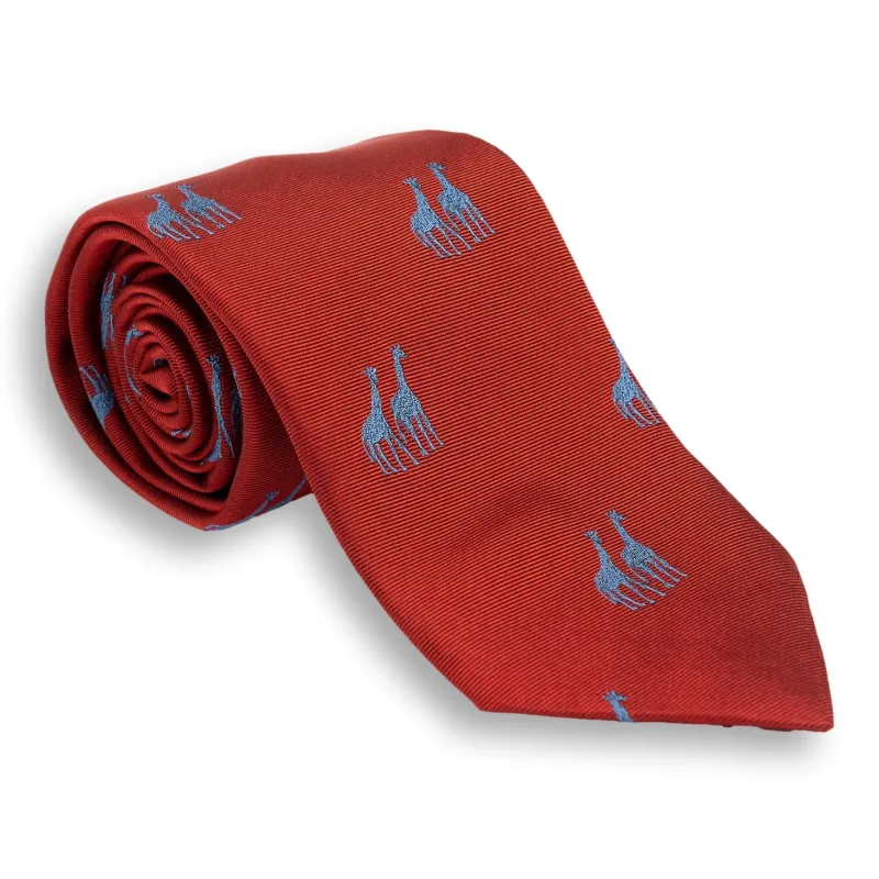 Rust Silk Tie with Blue Giraffes sold by The Andover Shop