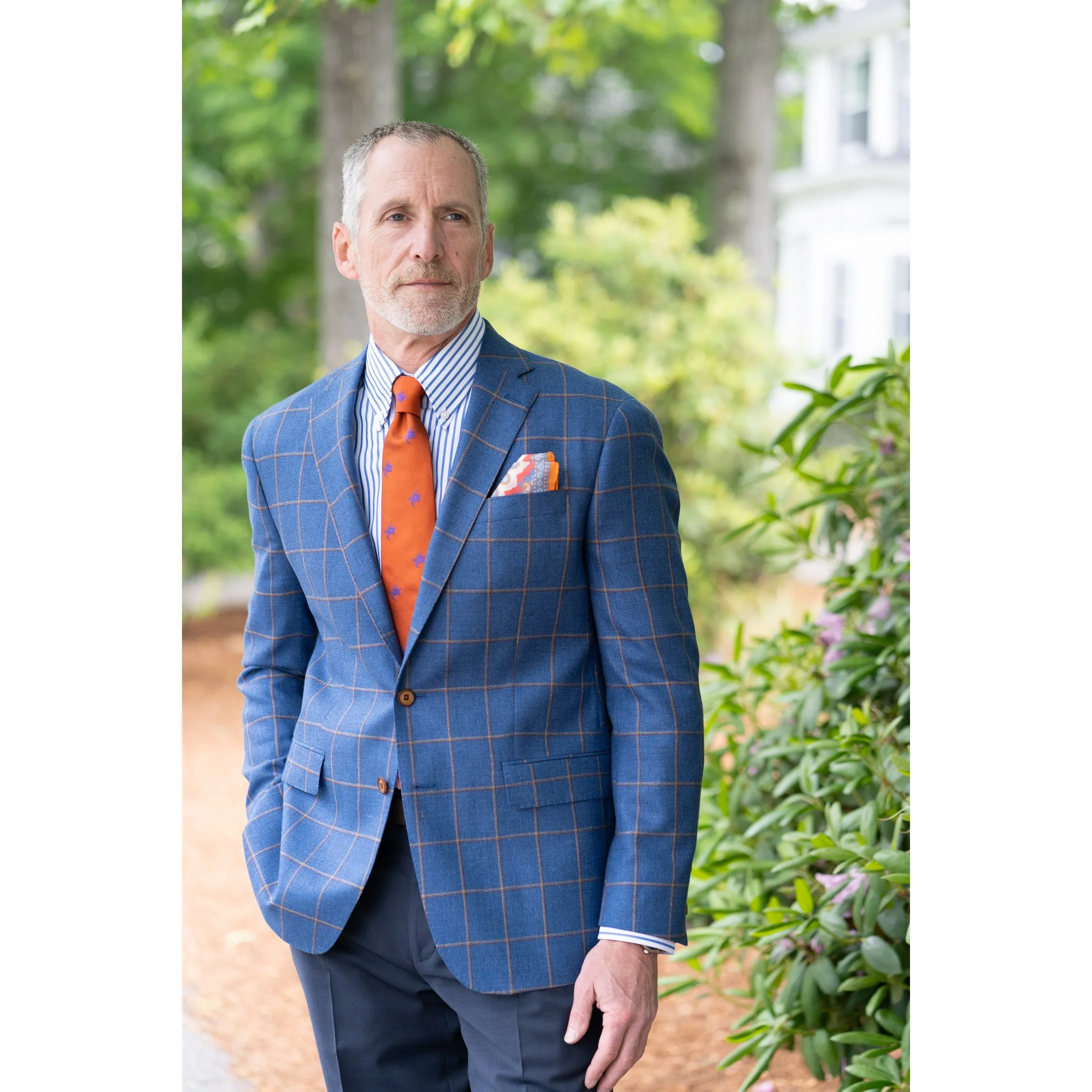 Blue with Tan Brown Windowpane Wool and Silk Lanificio di Pray Sport Coat sold by The Andover Shop product image thumbnail 2