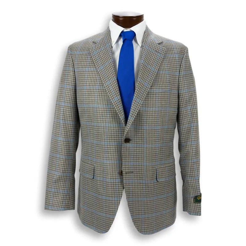 Tan Check with Sky Blue Windowpane Wool, Silk, and Linen Loro Piana Sport Coat sold by The Andover Shop
