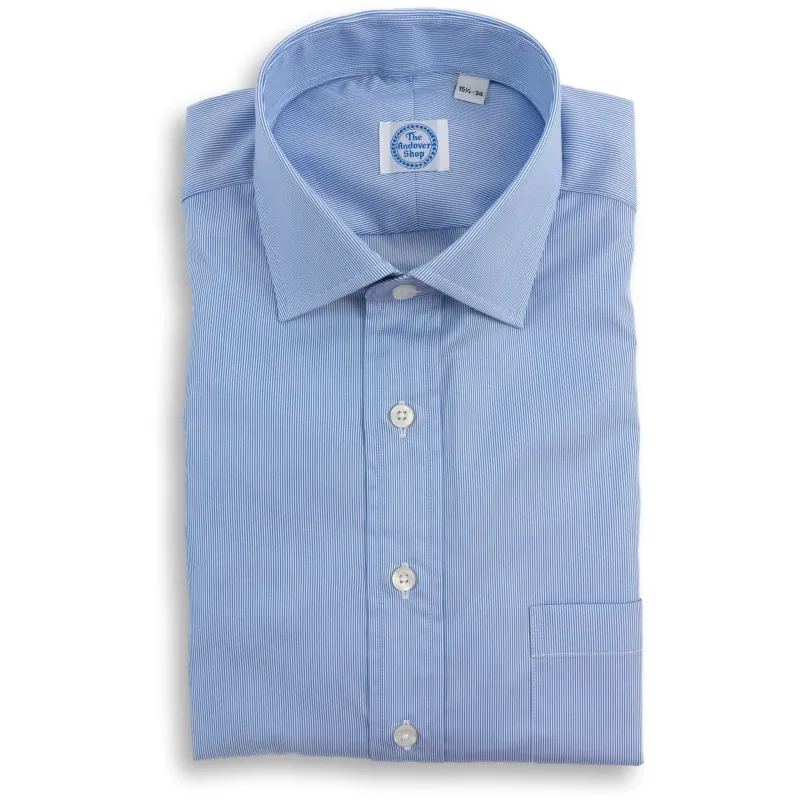 Blue and White Fine Stripe Spread Collar Dress Shirt sold by The Andover Shop