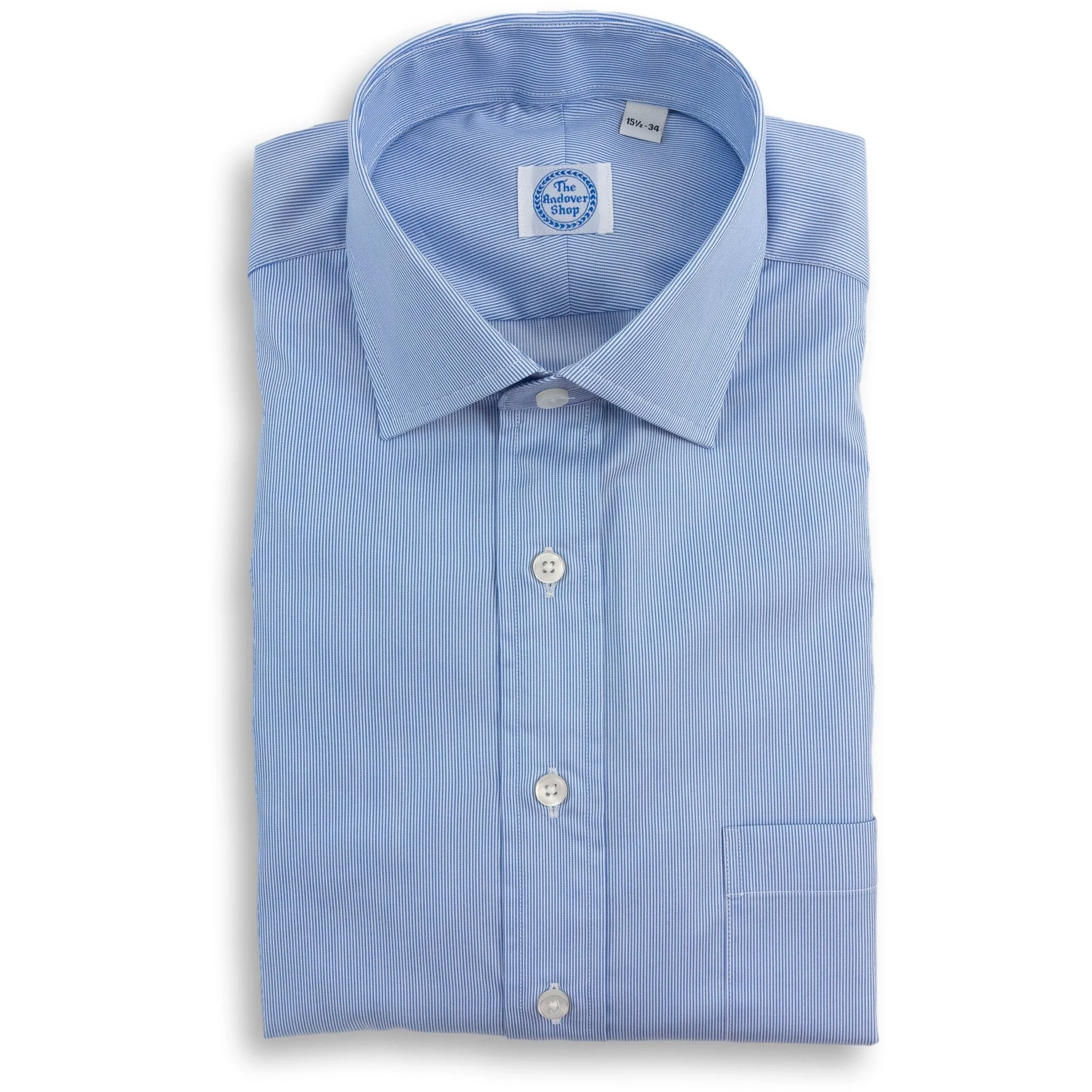 Blue and White Fine Stripe Spread Collar Dress Shirt sold by The Andover Shop