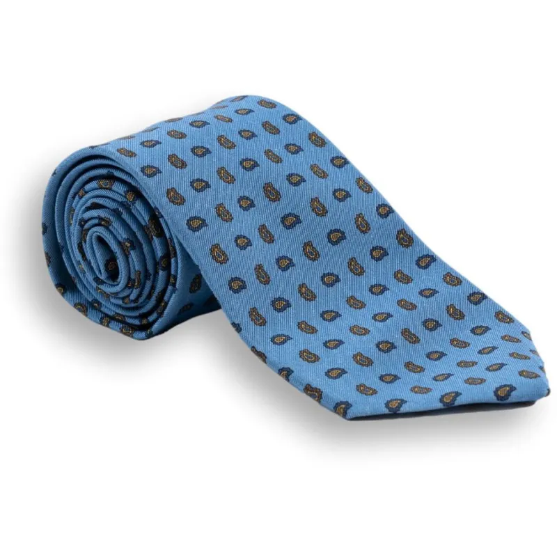 Sky Blue with Multicolored Paisley Irish Poplin Tie made by The Andover Shop
