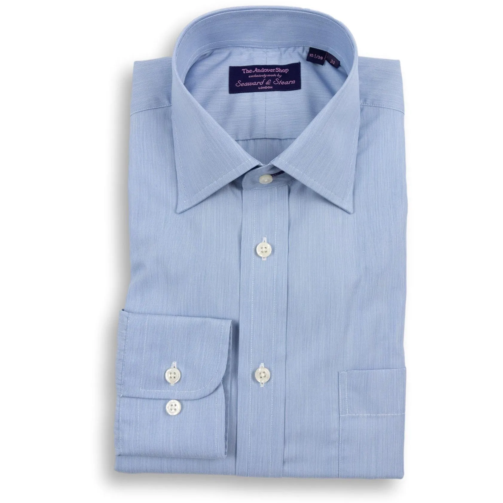 Blue Fine Stripe Spread Collar Dress Shirt sold by The Andover Shop