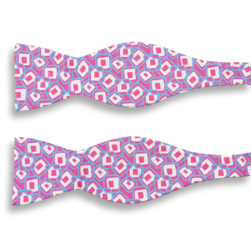 Pink, Light Blue, and White Abstract Square Patterned Silk Bow Tie sold by The Andover Shop