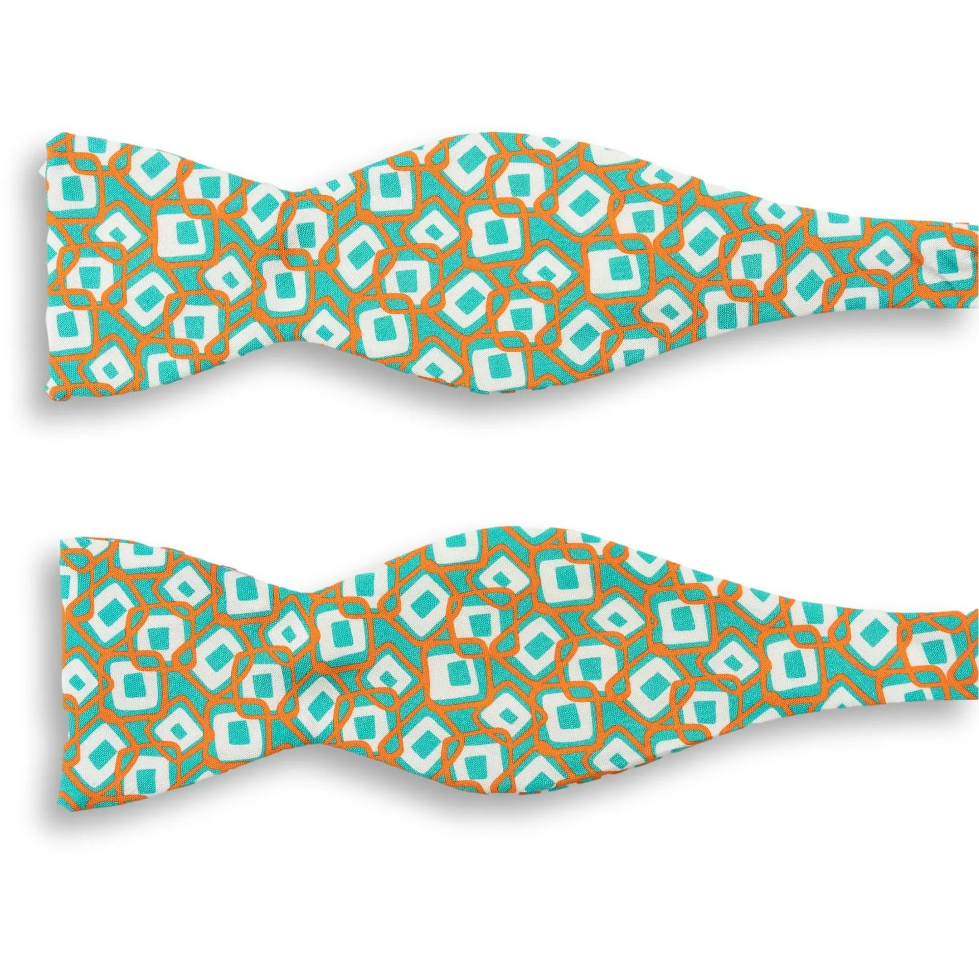 Orange, Teal, and White Abstract Square Patterned Silk Bow Tie sold by The Andover Shop
