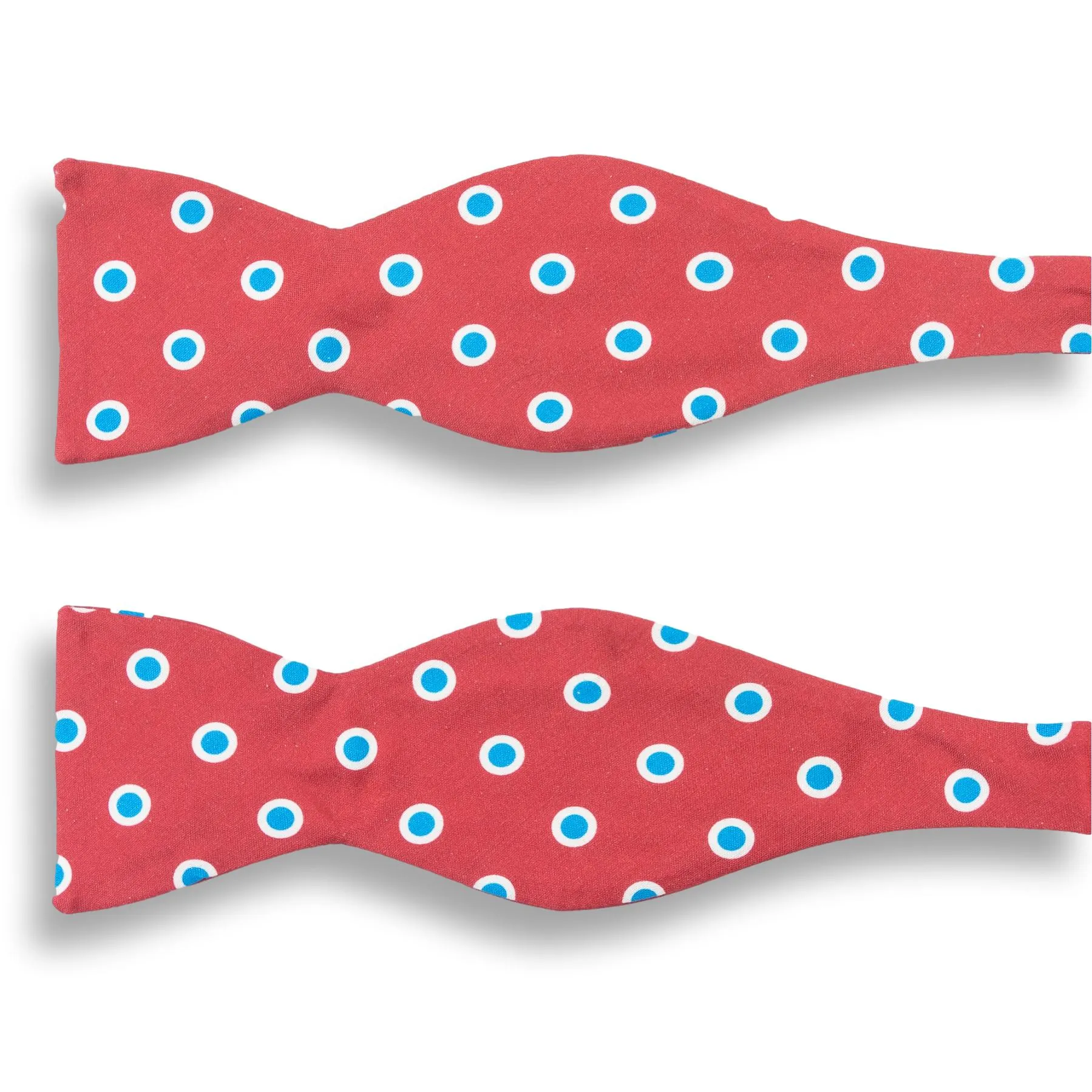 Red with Blue and White Circle Patterned Silk Bow Tie sold by The Andover Shop