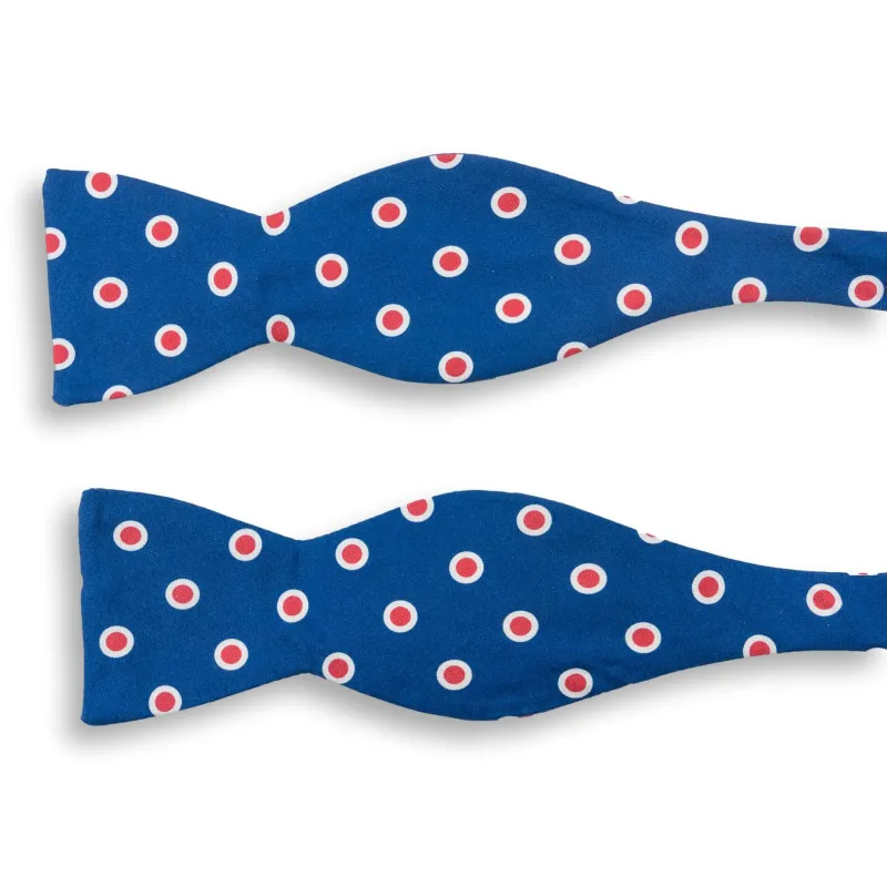 Blue with Red and White Circle Patterned Silk Bow Tie sold by The Andover Shop