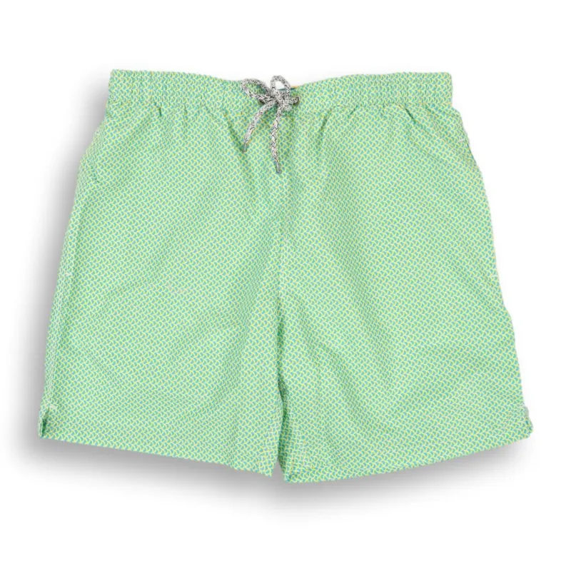 Aqua and Yellow Wave Print Swim Trunk sold by The Andover Shop