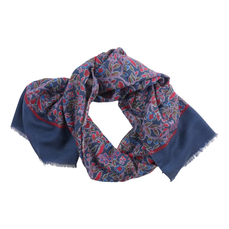 Navy and Multicolored Floral Print Yak and Wool Scarf sold by The Andover Shop