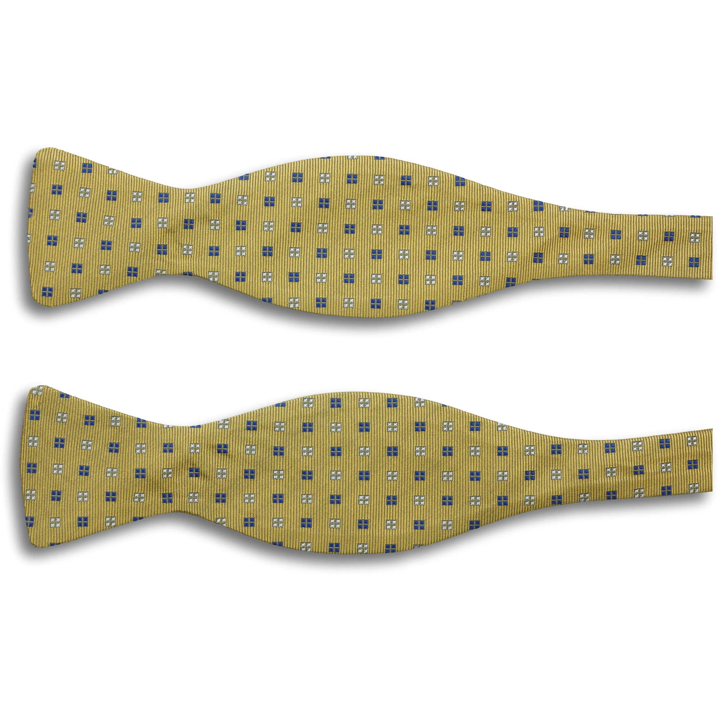Gold with Blue and Silver Squares Silk Butterfly Bow Tie sold by The Andover Shop