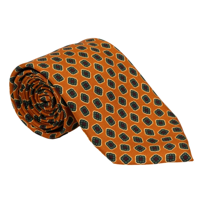 Orange with Green and Maroon Motif Silk Tie sold by The Andover Shop