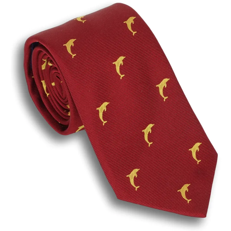 Red Silk Tie with Gold Dolphins sold by The Andover Shop