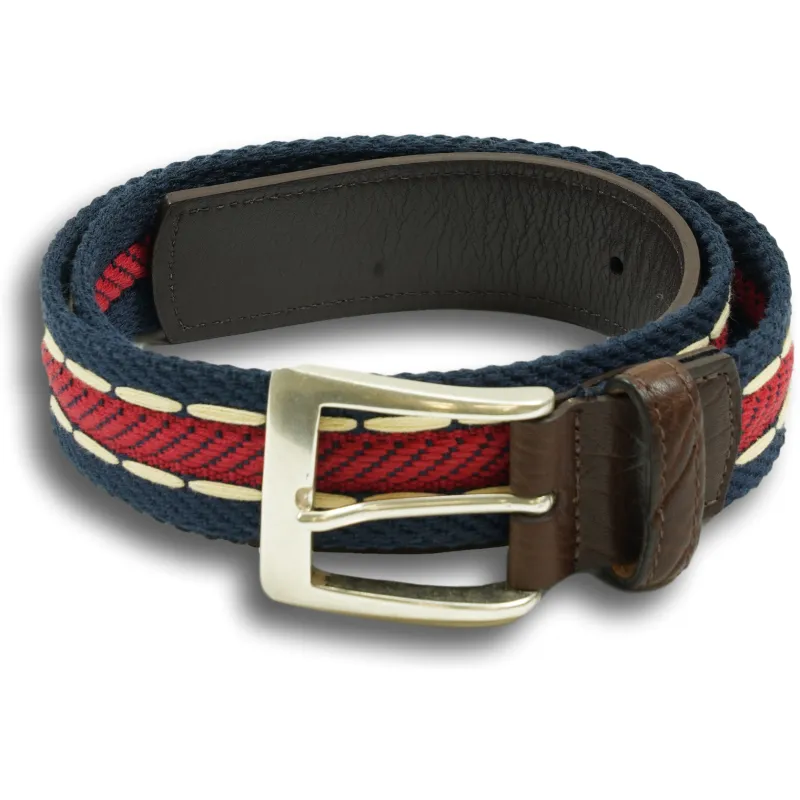 Navy, Red, and White Woven and Stitched Leather Tab Belt sold by The Andover Shop
