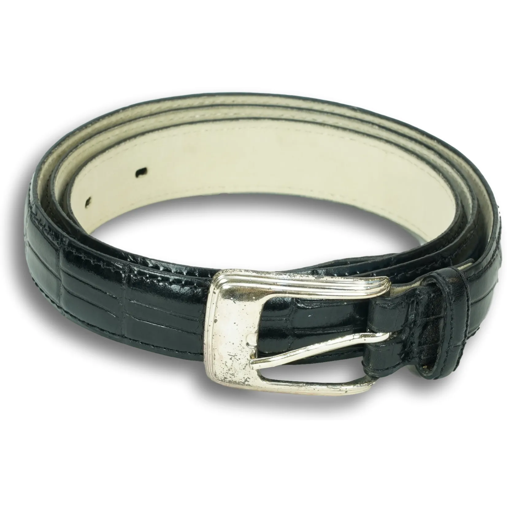 Black 1 3/8" Genuine American Alligator Belt with Hammered Nickle Buckle sold by The Andover Shop