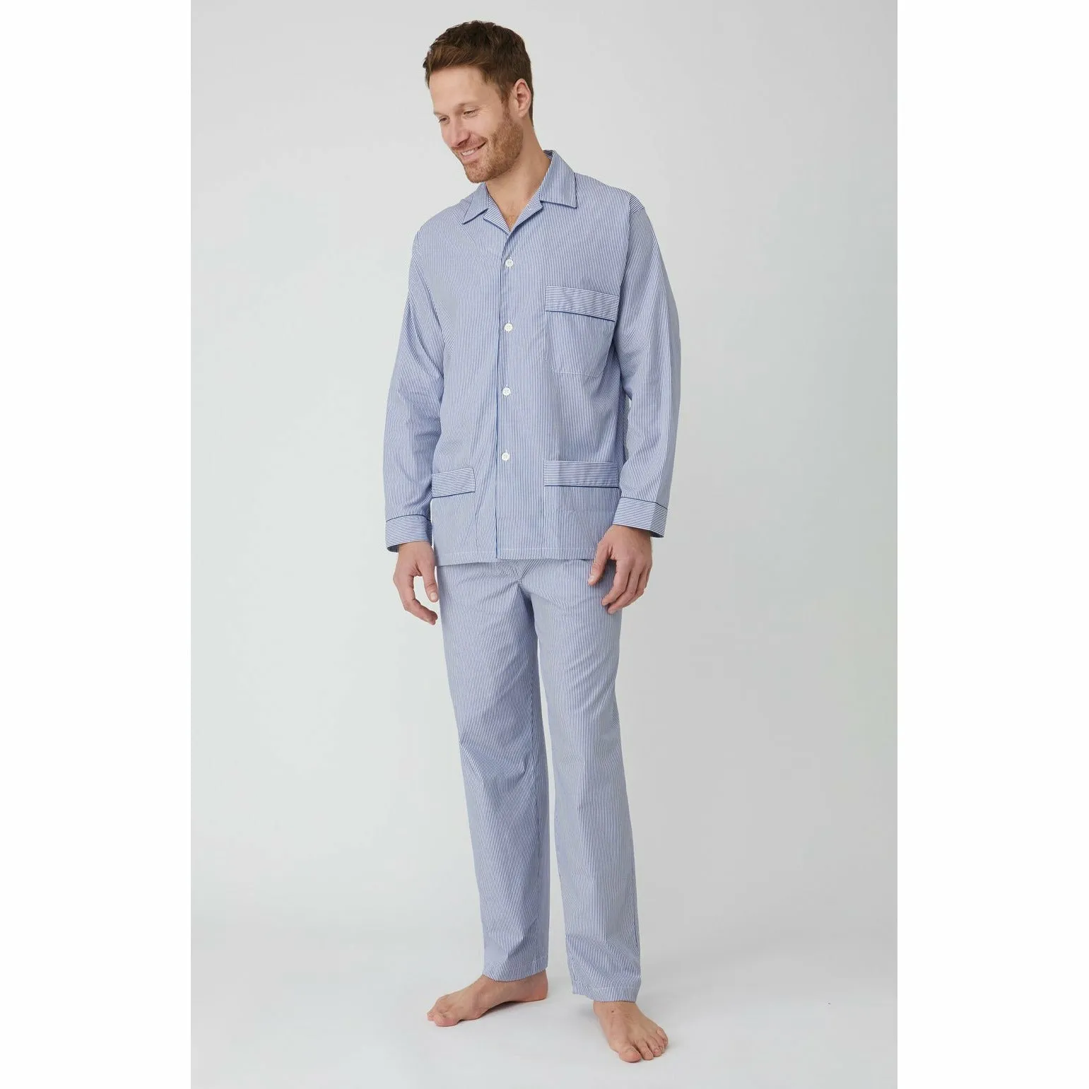 Blue and White Stripe Cotton European Pyjamas sold by The Andover Shop