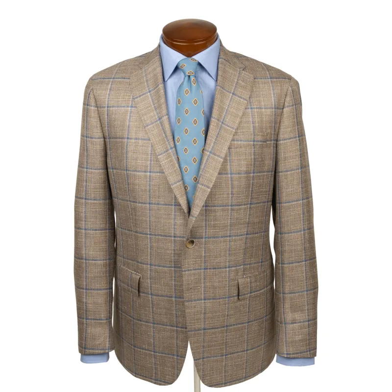 Stone with Mariner Blue Windowpane Wool, Silk, and Linen Sport Coat sold by The Andover Shop