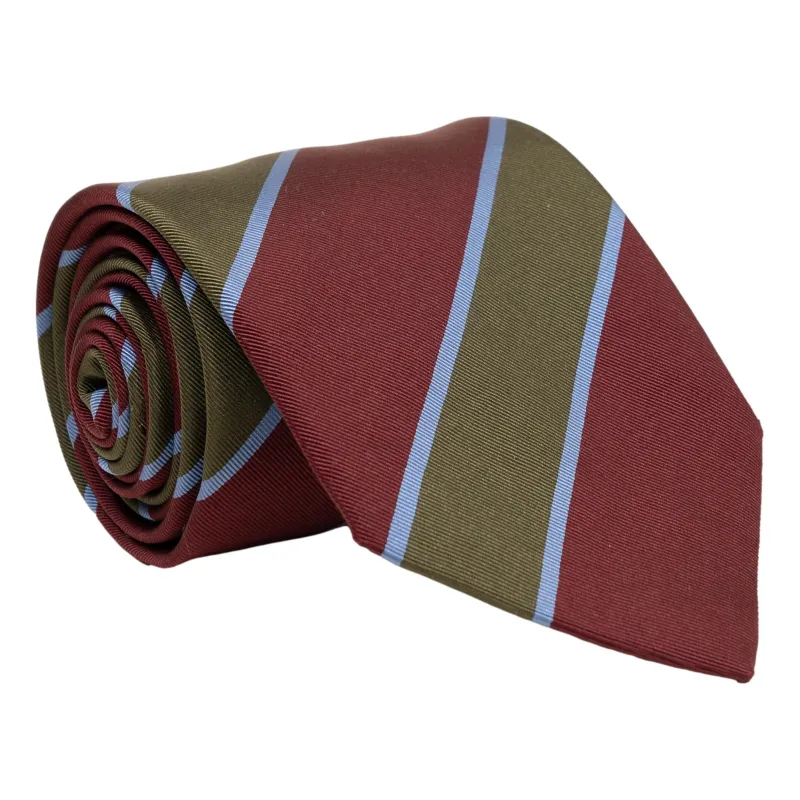 Olive, Burnt Red, and Light Blue Stripe Silk Tie sold by The Andover Shop