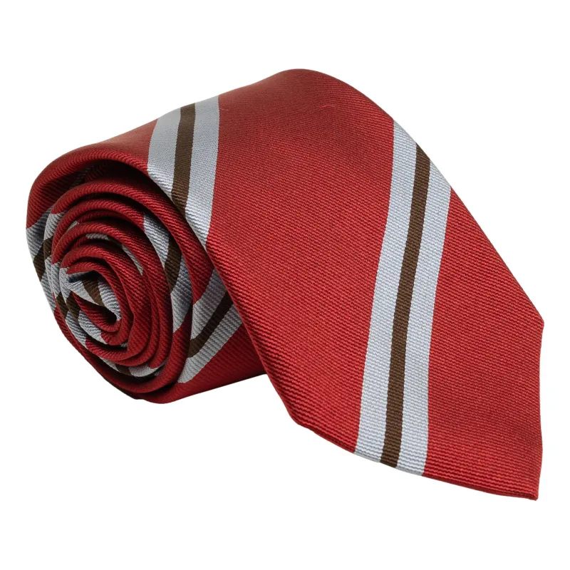 Red with Brown and Light Blue Repp Stripe Silk Tie sold by The Andover Shop