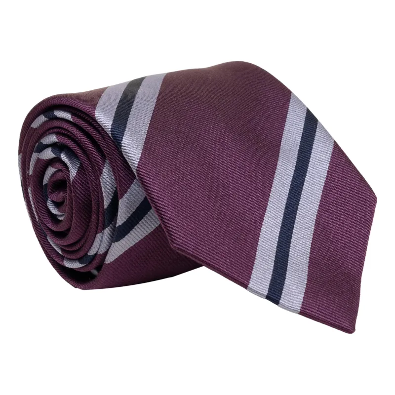 Plum with Navy and Light Blue Repp Stripe Silk Tie sold by The Andover Shop