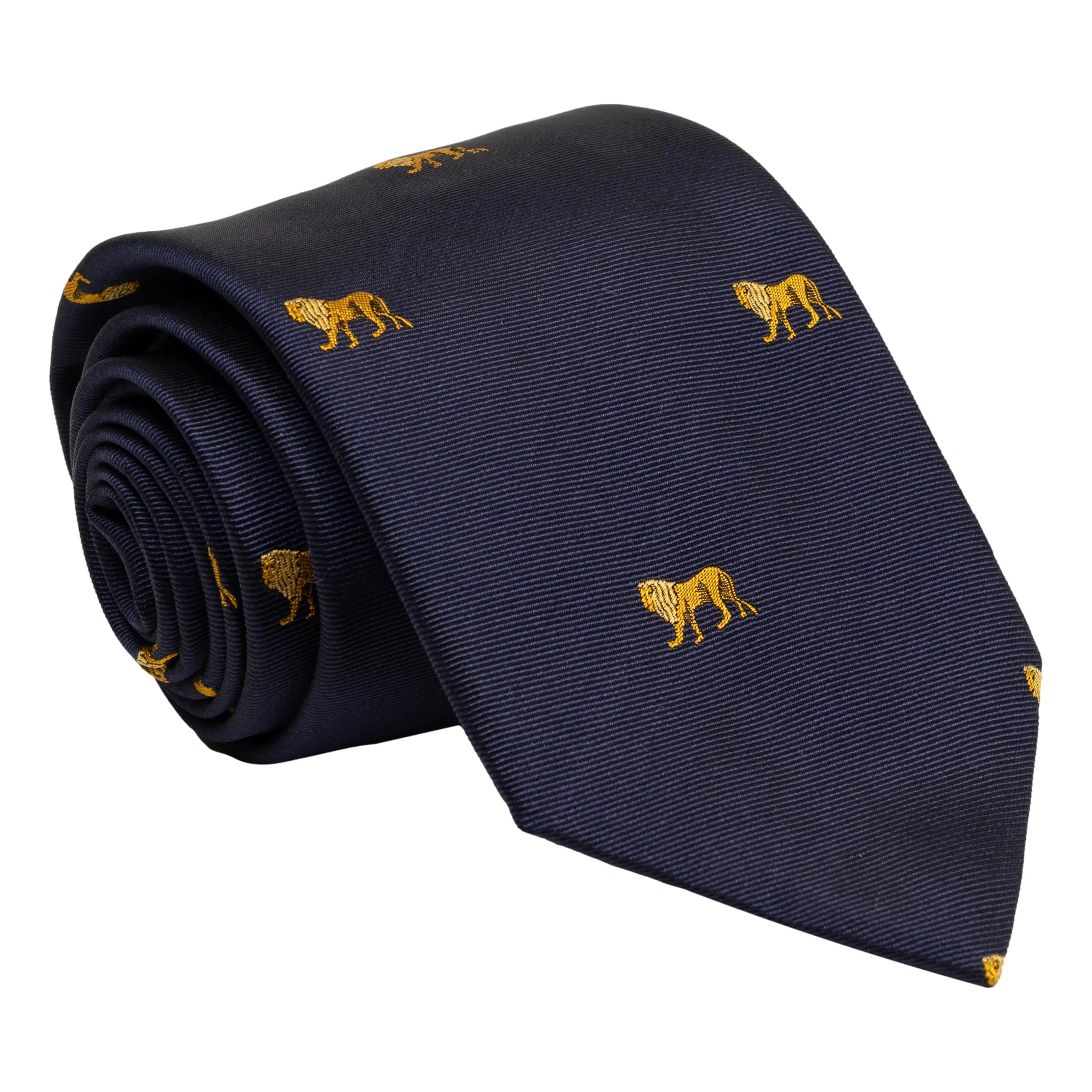 Navy Silk Tie with Gold Lions sold by The Andover Shop