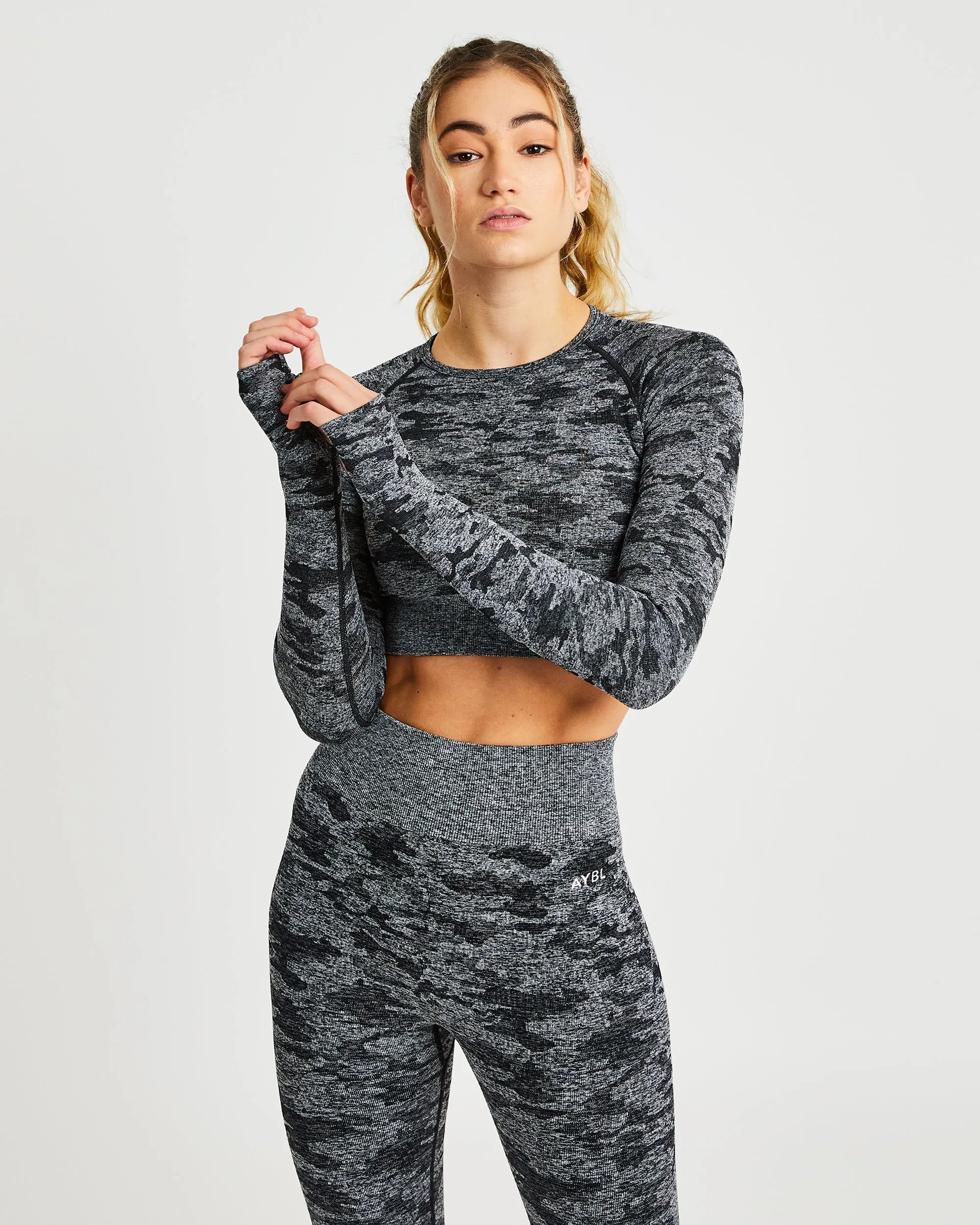 Evolve Camo Seamless Long Sleeve Crop Top - Black sold by AYBL